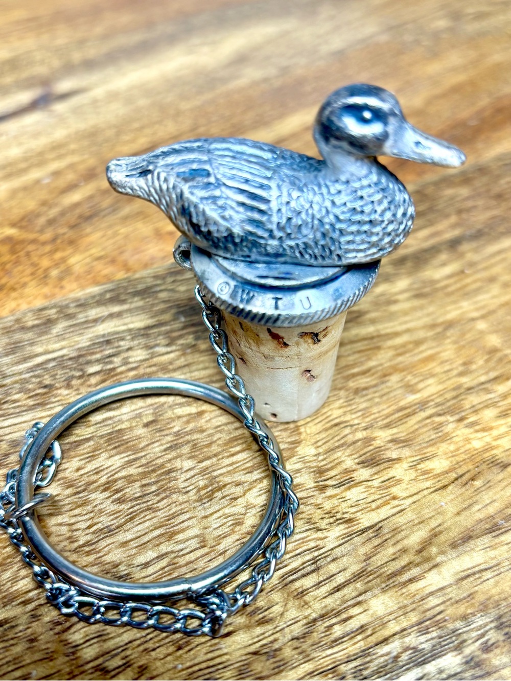 WTU Mallard Duck Heavy Pewter Wine Bottle Cork Topper With 6.5"L Chain/Loop